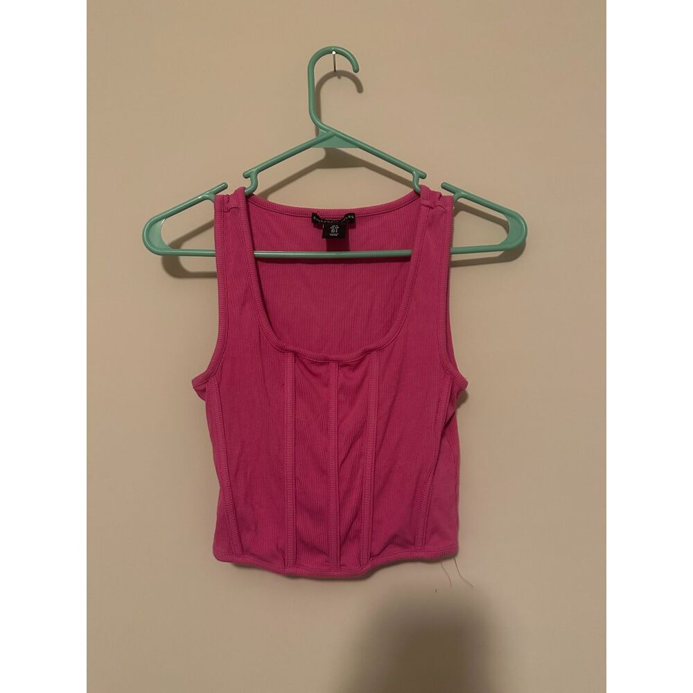 Sincerely Jules Hot Pink Corset Ribbed Tank Top Crop Scoop Neck Faux Boning Sz S